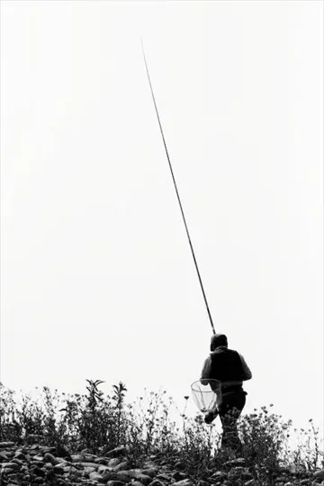 Silhouette of angler with fishing rod and net against bright, overcast sky.