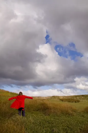 A figure in a red coat stands in a grassy field under a dramatic, cloud-filled sky.