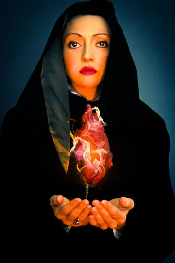 A robed figure cradles a glowing, flame-like heart against a dark, gradient backdrop.