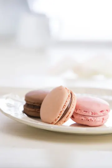 Three macarons rest on a white plate, softly lit in a bright, airy setting.