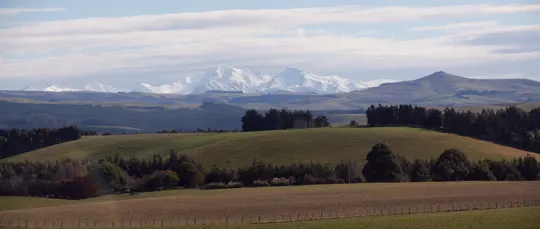 Rolling green hills stretch toward distant snow-capped mountains under a soft, overcast sky.