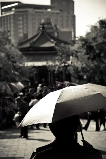 Silhouette of a person with an open umbrella, traditional architecture in soft focus.