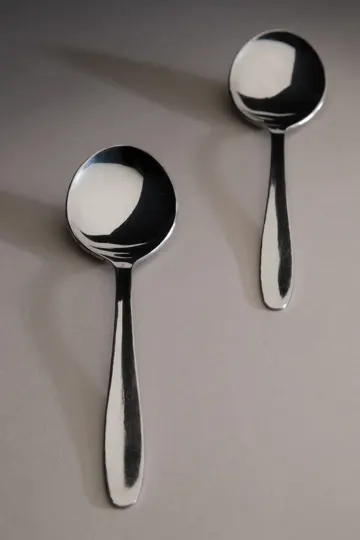 Two polished metal spoons rest on a smooth, neutral-toned surface, softly illuminated.