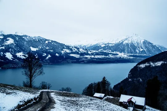 Snow-capped mountains frame a serene lake under a pale, overcast sky.